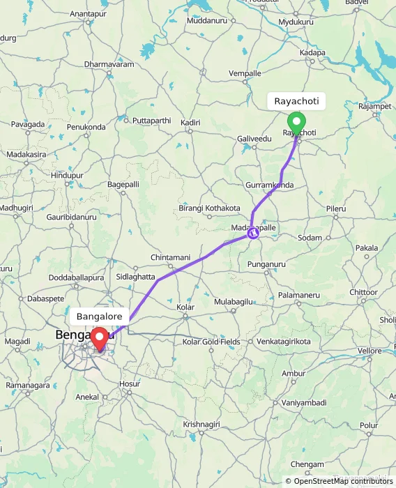 Route map showing distance and travel time from Rayachoti, India to Bangalore, India