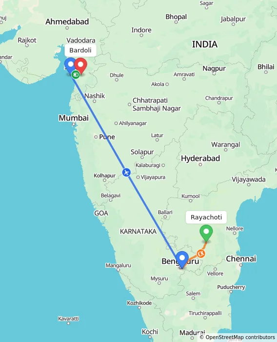 Route map showing distance and travel time from Rayachoti, India to Bardoli, India