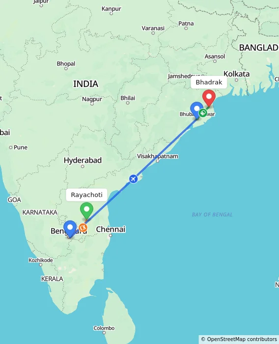 Route map showing distance and travel time from Rayachoti, India to Bhadrak, India