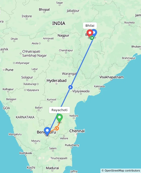 Route map showing distance and travel time from Rayachoti, India to Bhilai, India