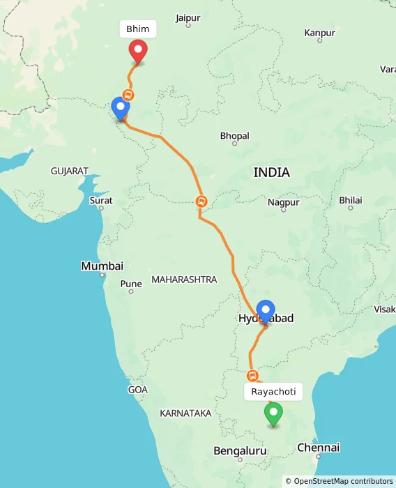 Route map showing distance and travel time from Rayachoti, India to Bhim, India