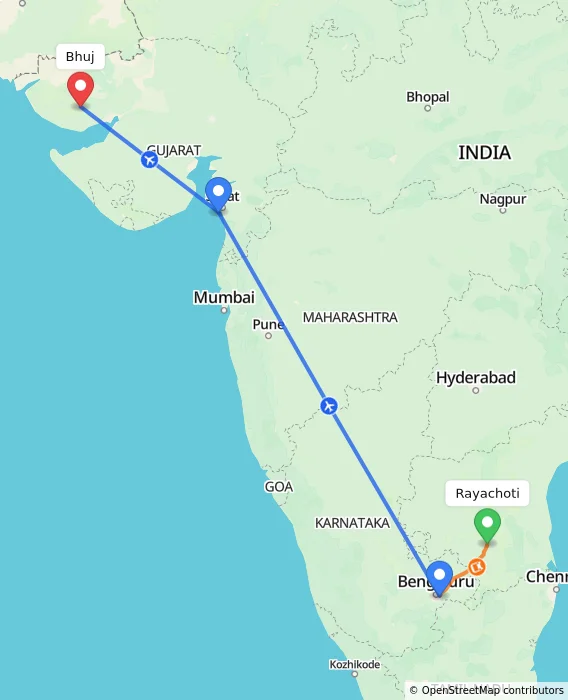 Route map showing distance and travel time from Rayachoti, India to Bhuj, India