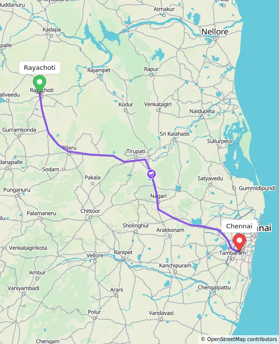 Route map showing distance and travel time from Rayachoti, India to Chennai, India