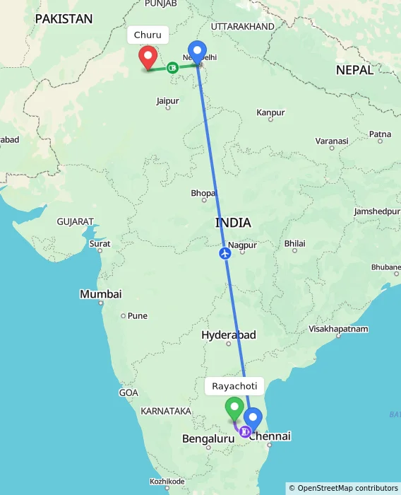 Route map showing distance and travel time from Rayachoti, India to Churu, India