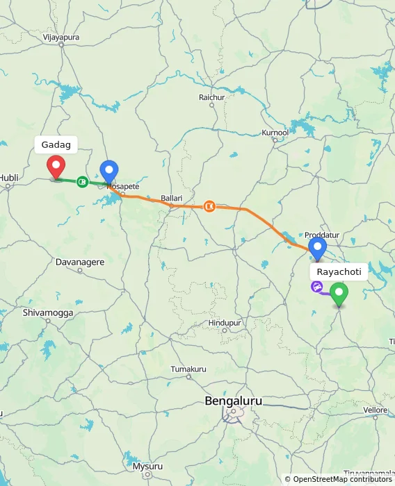 Route map showing distance and travel time from Rayachoti, India to Gadag, India