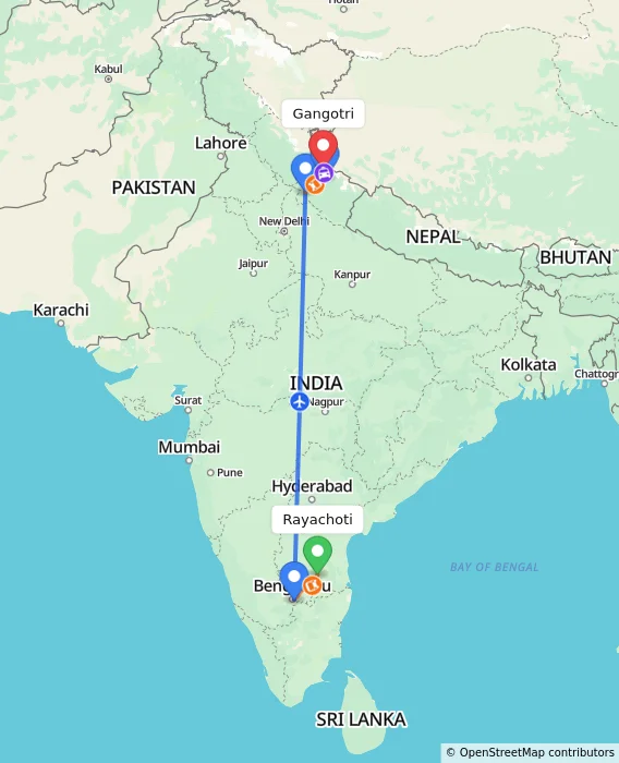 Route map showing distance and travel time from Rayachoti, India to Gangotri, India