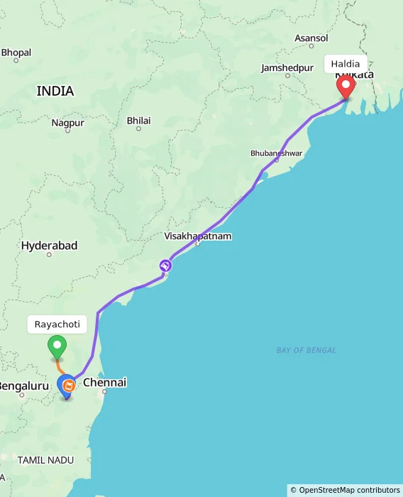 Route map showing distance and travel time from Rayachoti, India to Haldia, India