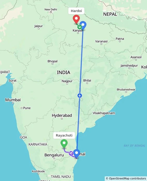 Route map showing distance and travel time from Rayachoti, India to Hardoi, India
