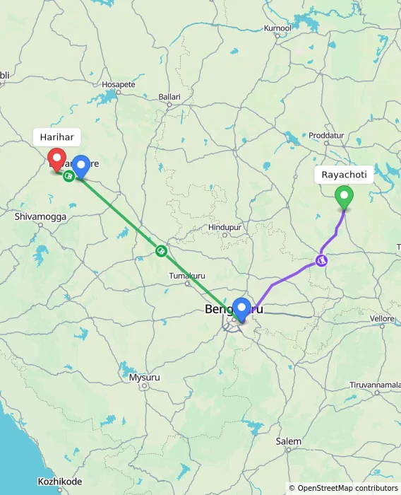 Route map showing distance and travel time from Rayachoti, India to Harihar, India