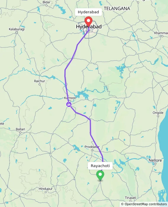 Route map showing distance and travel time from Rayachoti, India to Hyderabad, India
