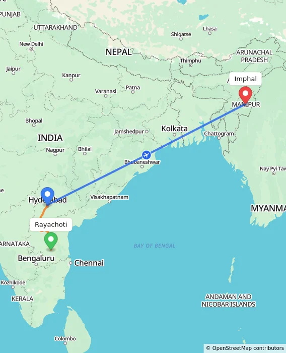 Route map showing distance and travel time from Rayachoti, India to Imphal, India