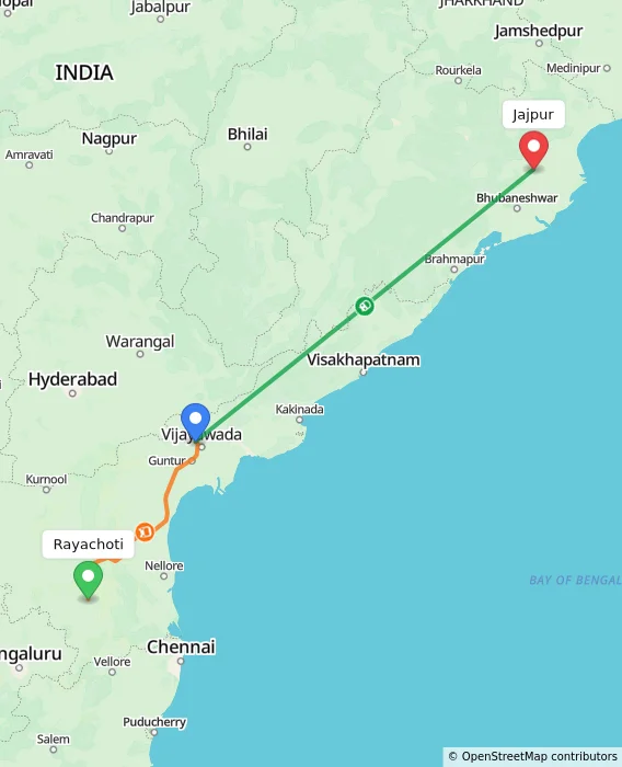 Route map showing distance and travel time from Rayachoti, India to Jajpur, India
