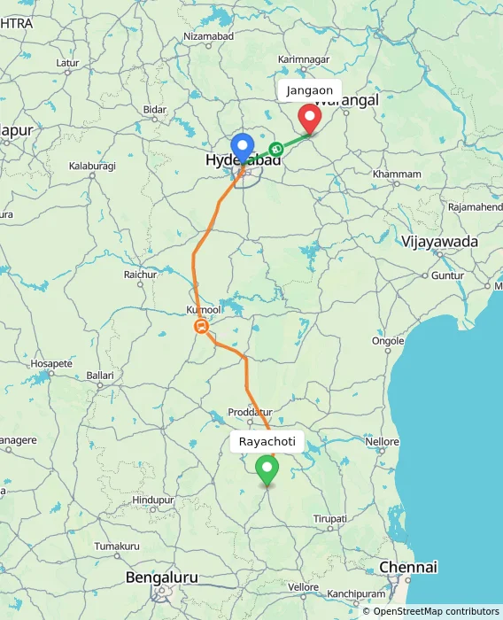 Route map showing distance and travel time from Rayachoti, India to Jangaon, India