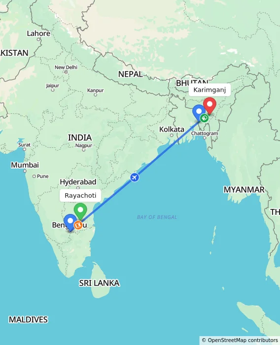 Route map showing distance and travel time from Rayachoti, India to Karimganj, India
