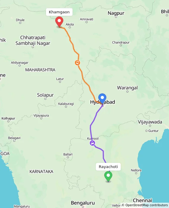 Route map showing distance and travel time from Rayachoti, India to Khamgaon, India