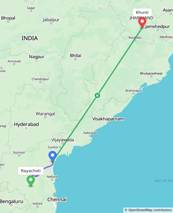 Route map showing distance and travel time from Rayachoti, India to Khunti, India