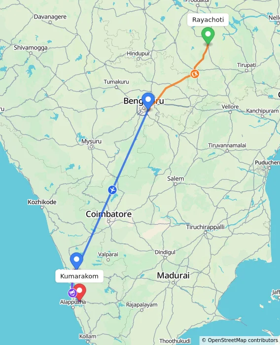 Route map showing distance and travel time from Rayachoti, India to Kumarakom, India