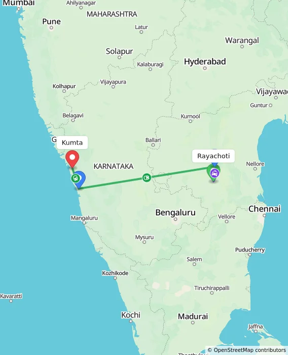 Route map showing distance and travel time from Rayachoti, India to Kumta, India