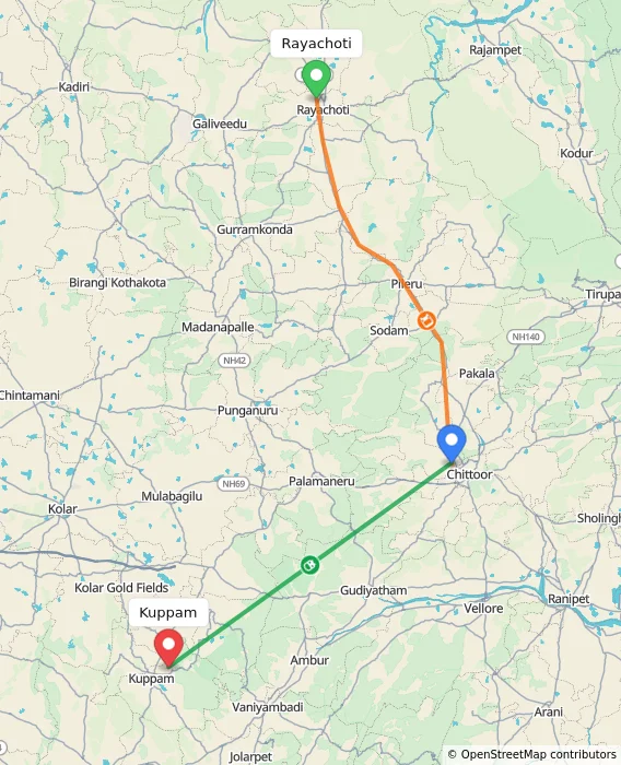 Route map showing distance and travel time from Rayachoti, India to Kuppam, India