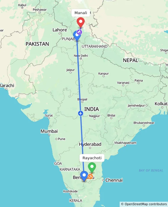 Route map showing distance and travel time from Rayachoti, India to Manali, India