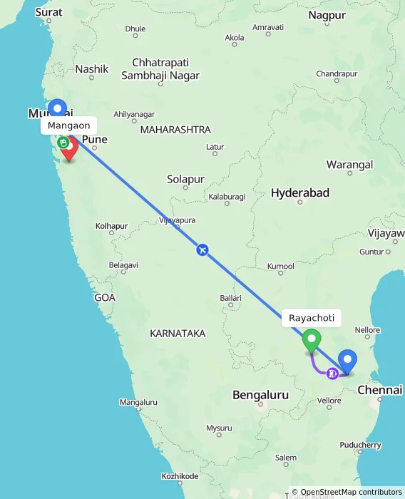 Route map showing distance and travel time from Rayachoti, India to Mangaon, India