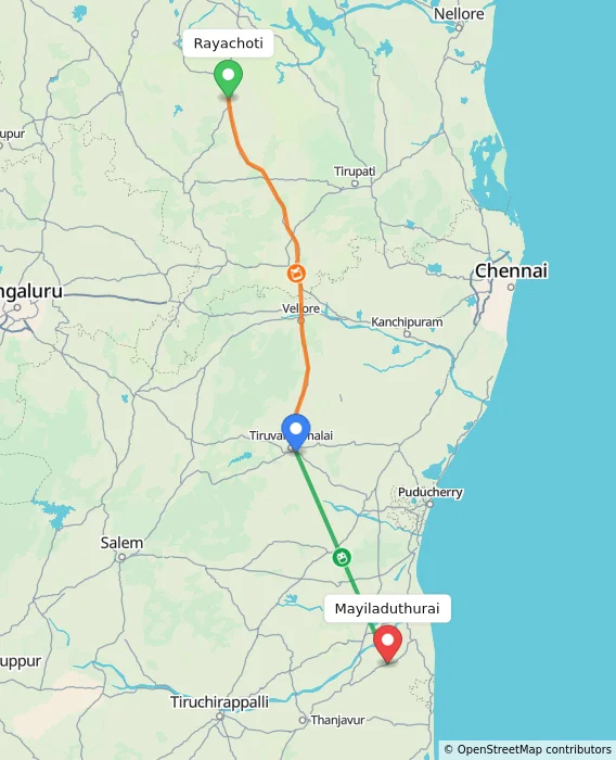Route map showing distance and travel time from Rayachoti, India to Mayiladuthurai, India