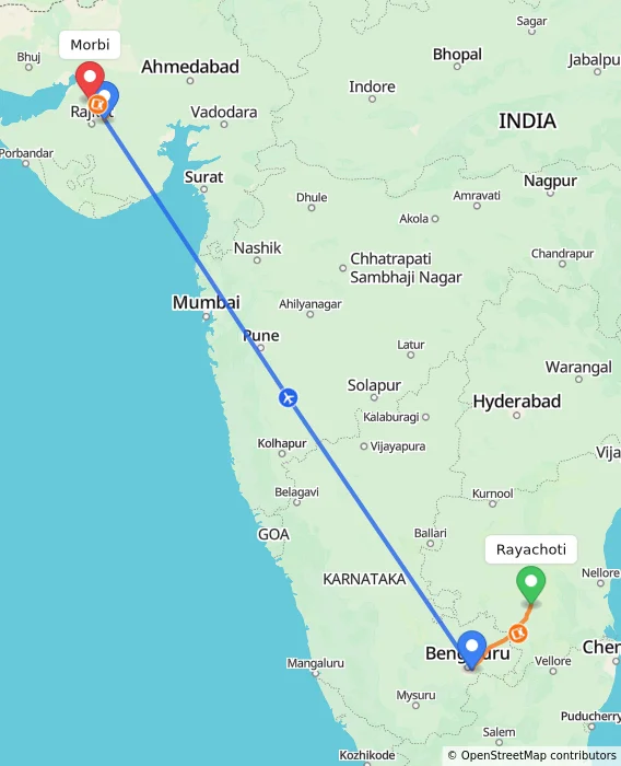 Route map showing distance and travel time from Rayachoti, India to Morbi, India