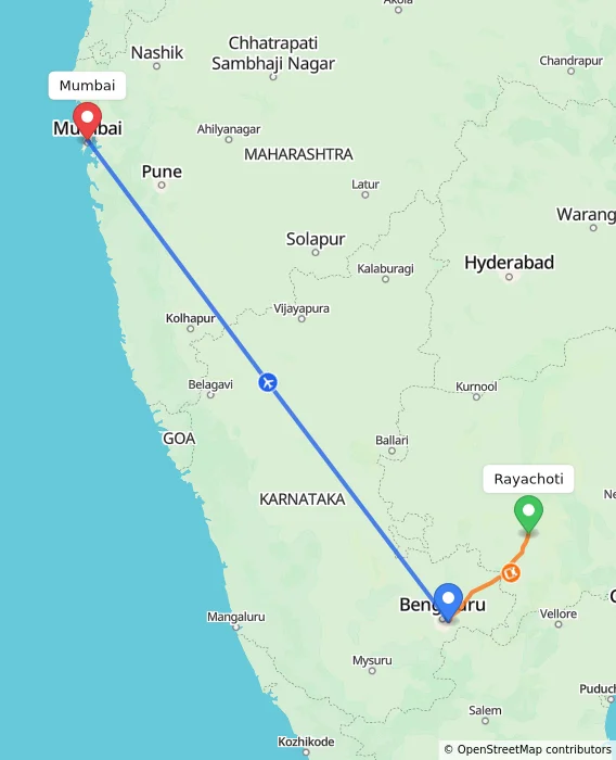 Route map showing distance and travel time from Rayachoti, India to Mumbai, India