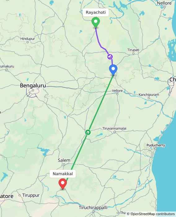 Route map showing distance and travel time from Rayachoti, India to Namakkal, India