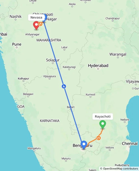 Route map showing distance and travel time from Rayachoti, India to Nevasa, India