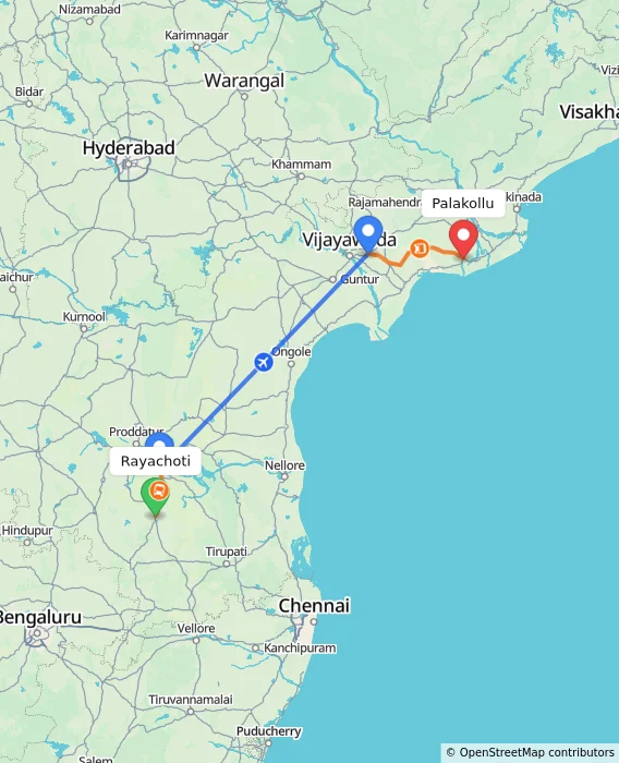 Route map showing distance and travel time from Rayachoti, India to Palakollu, India