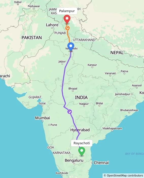 Route map showing distance and travel time from Rayachoti, India to Palampur, India