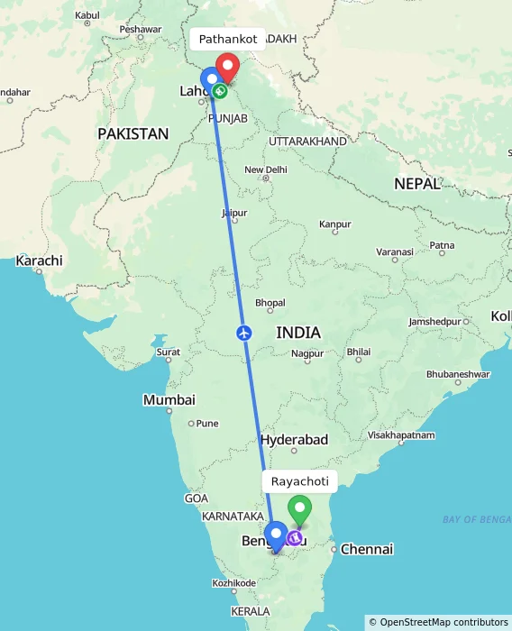 Route map showing distance and travel time from Rayachoti, India to Pathankot, India
