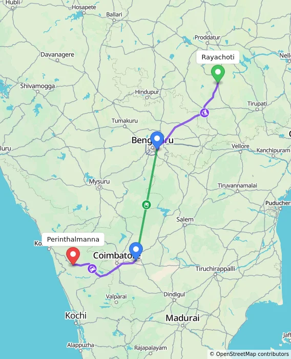 Route map showing distance and travel time from Rayachoti, India to Perinthalmanna, India