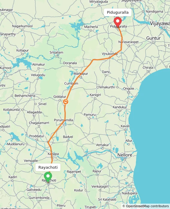 Route map showing distance and travel time from Rayachoti, India to Piduguralla, India