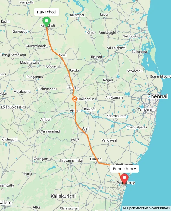 Route map showing distance and travel time from Rayachoti, India to Pondicherry, India