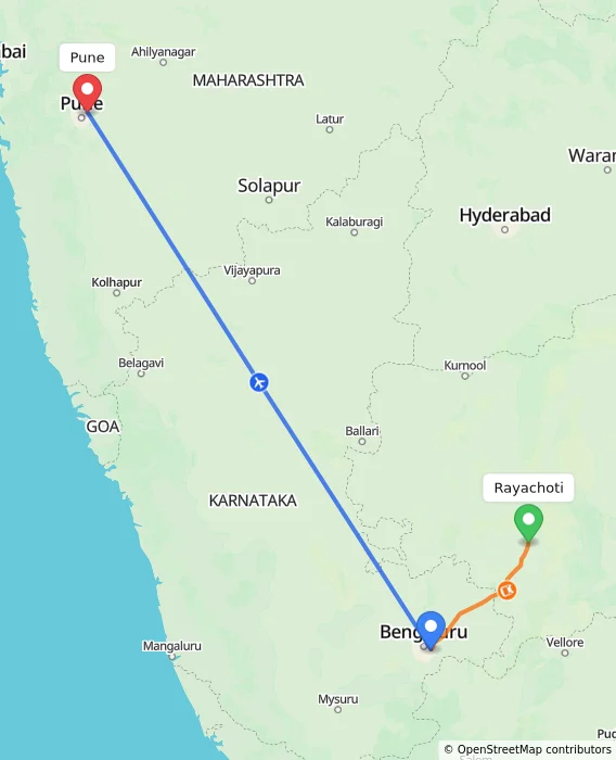 Route map showing distance and travel time from Rayachoti, India to Pune, India