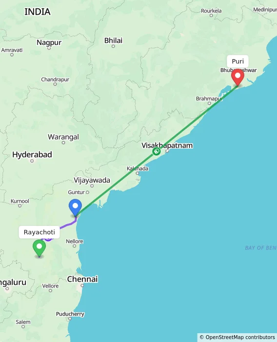 Route map showing distance and travel time from Rayachoti, India to Puri, India