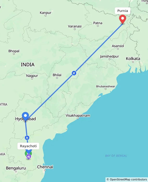 Route map showing distance and travel time from Rayachoti, India to Purnia, India