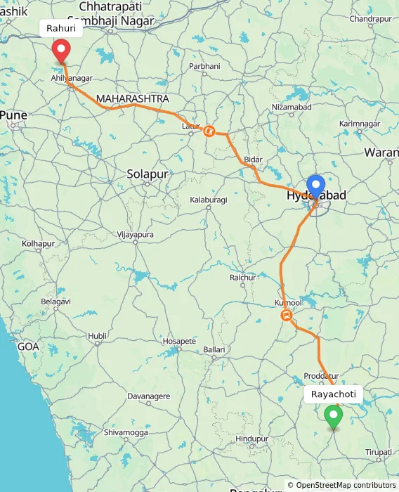 Route map showing distance and travel time from Rayachoti, India to Rahuri, India