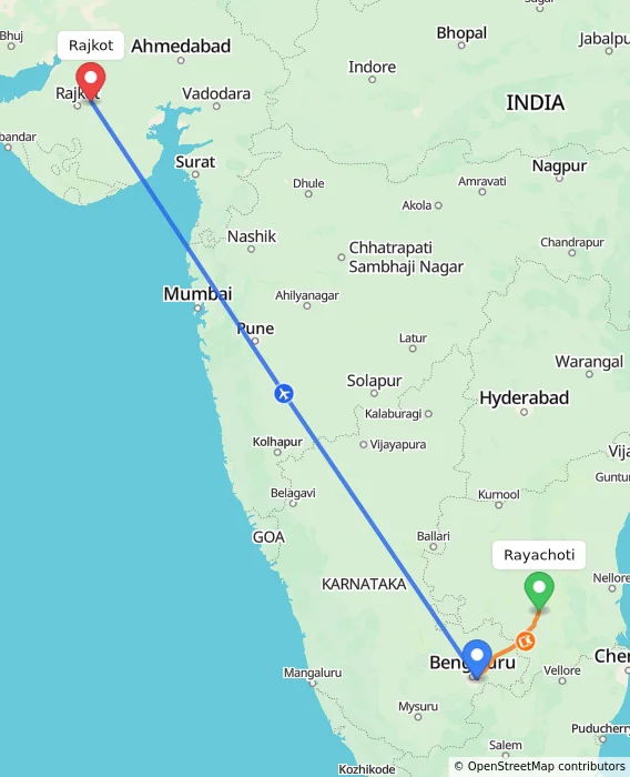 Route map showing distance and travel time from Rayachoti, India to Rajkot, India