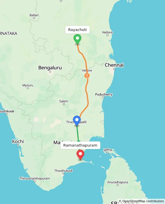 Route map showing distance and travel time from Rayachoti, India to Ramanathapuram, India