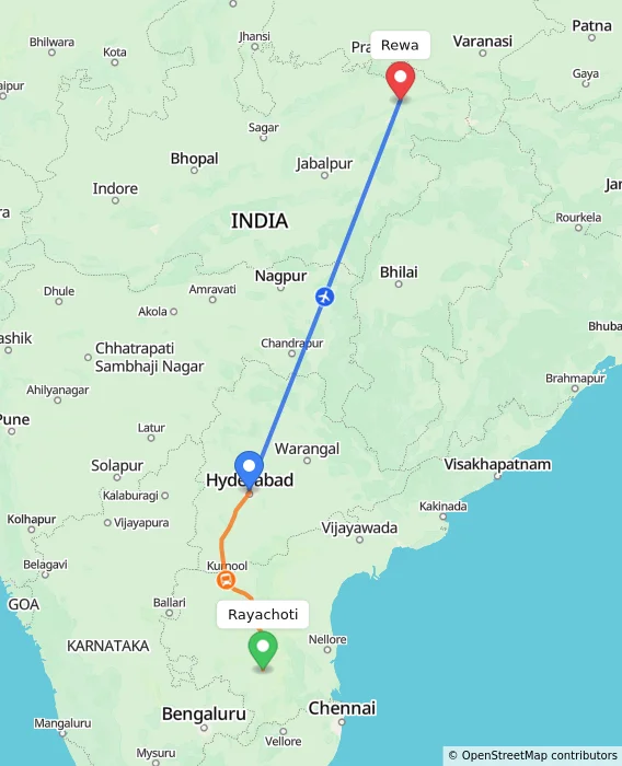 Route map showing distance and travel time from Rayachoti, India to Rewa, India