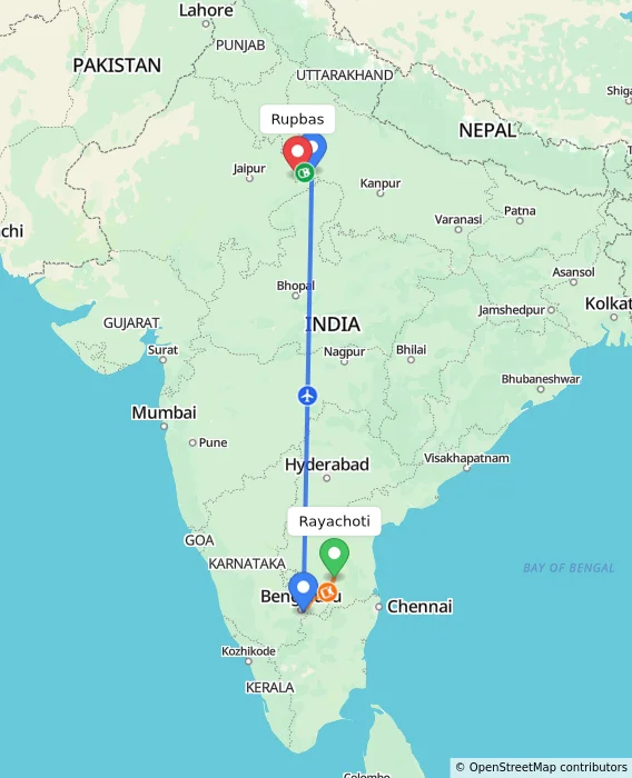 Route map showing distance and travel time from Rayachoti, India to Rupbas, India