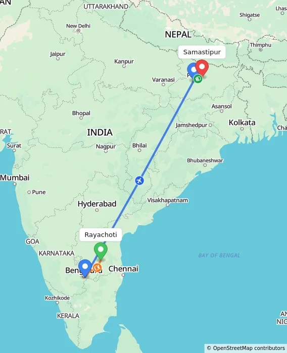 Route map showing distance and travel time from Rayachoti, India to Samastipur, India