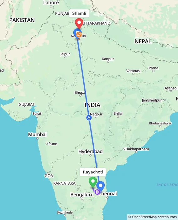 Route map showing distance and travel time from Rayachoti, India to Shamli, India