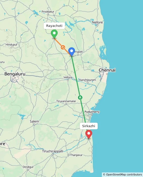 Route map showing distance and travel time from Rayachoti, India to Sirkazhi, India