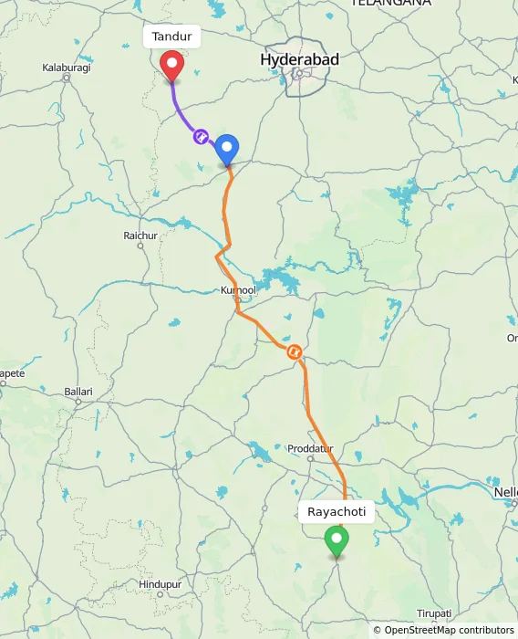 Route map showing distance and travel time from Rayachoti, India to Tandur, India