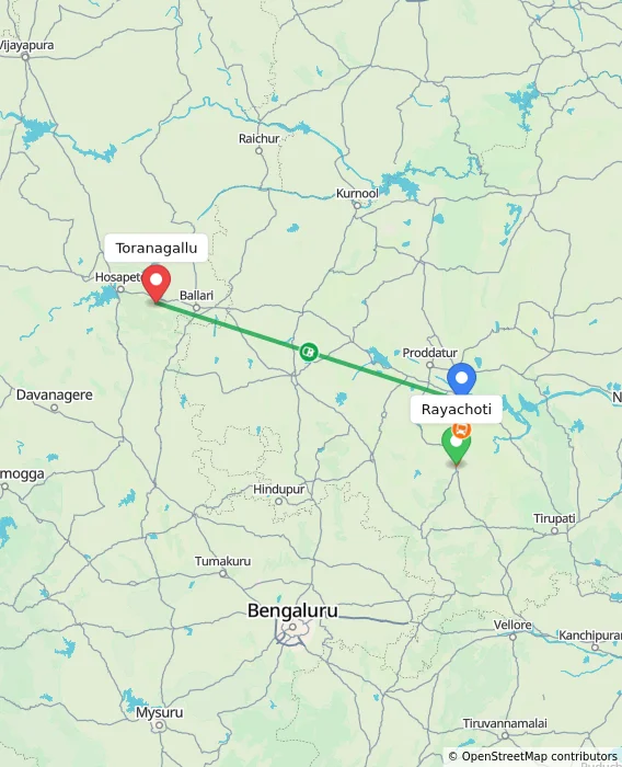 Route map showing distance and travel time from Rayachoti, India to Toranagallu, India