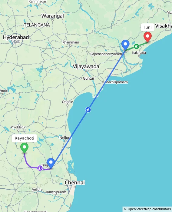 Route map showing distance and travel time from Rayachoti, India to Tuni, India